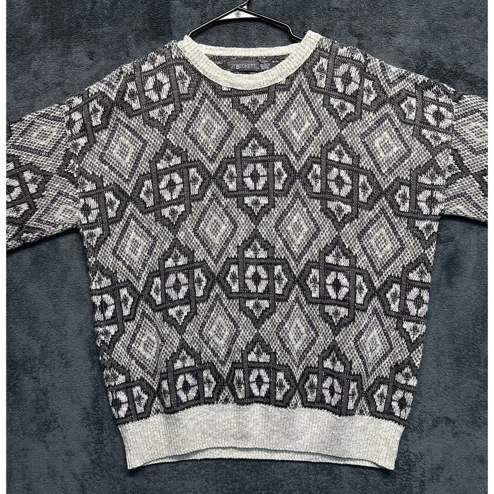 Vintage Sweater Men's XL White 3D Woven Geometric Cosby Chunky Knit JT Beckett